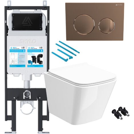 Gloss White Rimless Compact Square Wall Hung Toilet with 1.14m Concealed Cistern Frame Set - Brushed Copper Plate
