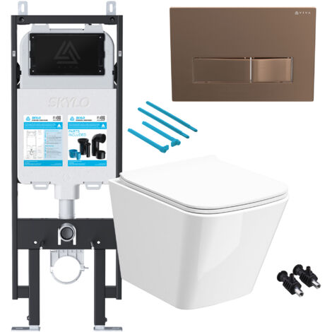 Gloss White Rimless Compact Square Wall Hung Toilet with 1.14m Concealed Cistern Frame Set - Brushed Copper Plate