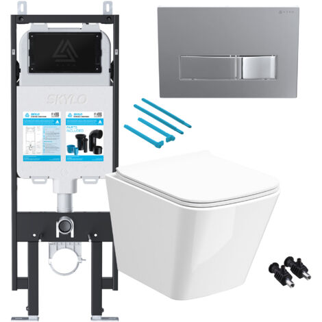 Gloss White Rimless Compact Square Wall Hung Toilet with 1.14m Concealed Cistern Frame Set - Chrome Plate
