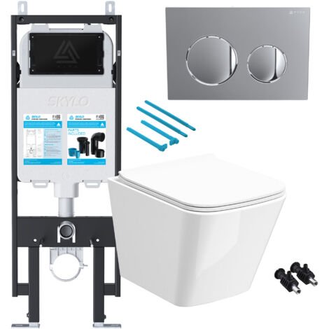 Gloss White Rimless Compact Square Wall Hung Toilet with 1.14m Concealed Cistern Frame Set - Chrome Plate