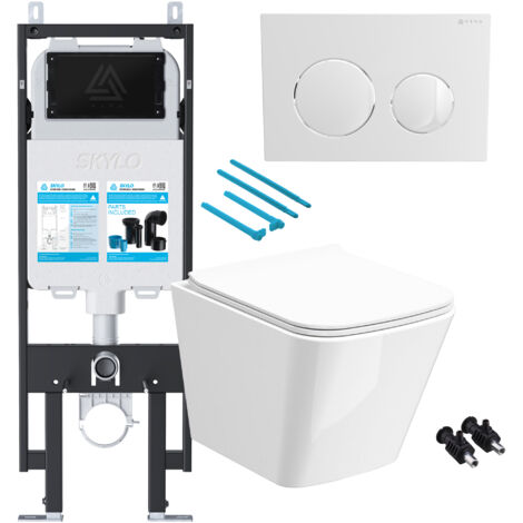 Gloss White Rimless Compact Square Wall Hung Toilet with 1.14m Concealed Cistern Frame Set - White Plate