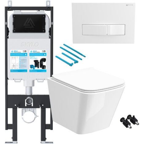 Gloss White Rimless Compact Square Wall Hung Toilet with 1.14m Concealed Cistern Frame Set - White Plate