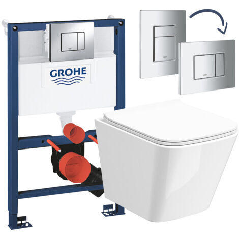 Gloss White Rimless Compact Square Wall Hung Toilet with Grohe Rapid 0.82m Low Height Concealed Cistern Frame Set