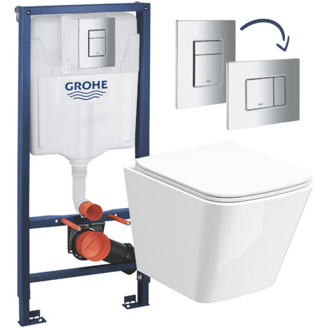 Gloss White Rimless Compact Square Wall Hung Toilet with Grohe Rapid 1.13m Concealed Cistern Frame Set
