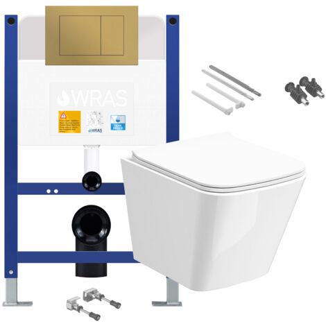 Gloss White Rimless Compact Square Wall Hung Toilet with Low Height 0.75m Concealed Cistern Frame Set - Brushed Gold Plate