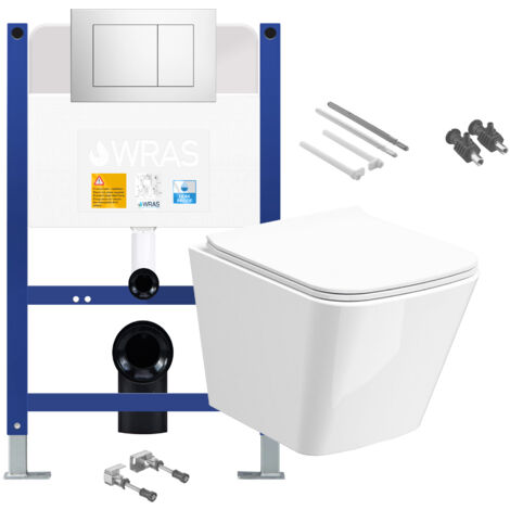 Gloss White Rimless Compact Square Wall Hung Toilet with Low Height 0.75m Concealed Cistern Frame Set - Chrome Plate