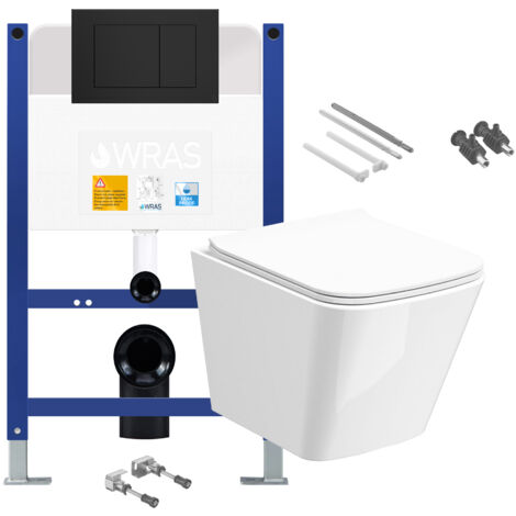Gloss White Rimless Compact Square Wall Hung Toilet with Low Height 0.75m Concealed Cistern Frame Set - Matt Black Plate