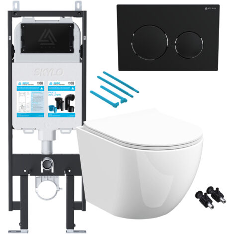 Gloss White Rimless D Shape Wall Hung Toilet with 1.14m Concealed Cistern Frame Set - Black Plate