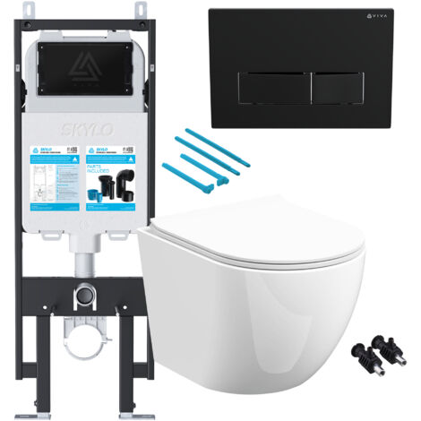 Gloss White Rimless D Shape Wall Hung Toilet with 1.14m Concealed Cistern Frame Set - Black Plate