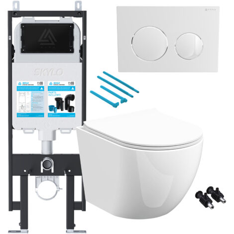 Gloss White Rimless D Shape Wall Hung Toilet with 1.14m Concealed Cistern Frame Set - White Plate