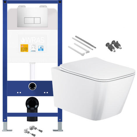 Gloss White Rimless Square Wall Hung Toilet with 1.10m Concealed Cistern Frame Set - Chrome Plate
