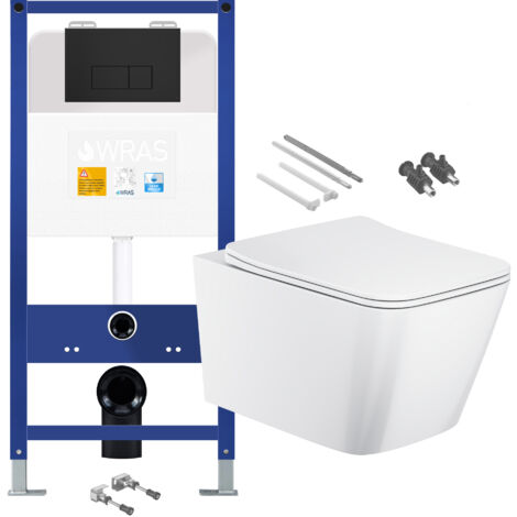 Gloss White Rimless Square Wall Hung Toilet with 1.10m Concealed Cistern Frame Set - Matt Black Plate