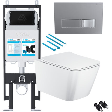 Gloss White Rimless Square Wall Hung Toilet with 1.14m Concealed Cistern Frame Set - Chrome Plate