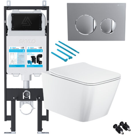 Gloss White Rimless Square Wall Hung Toilet with 1.14m Concealed Cistern Frame Set - Chrome Plate