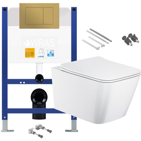 Gloss White Rimless Square Wall Hung Toilet with Low Height 0.75m Concealed Cistern Frame Set - Brushed Gold Plate