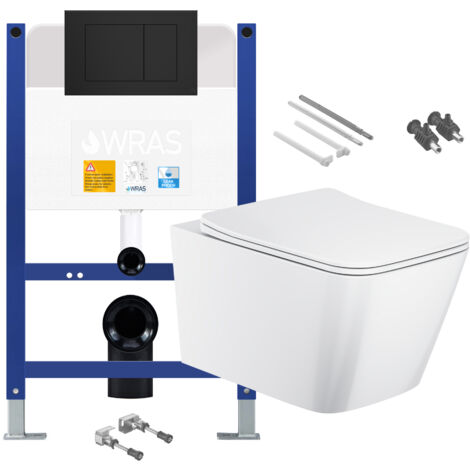 Gloss White Rimless Square Wall Hung Toilet with Low Height 0.75m Concealed Cistern Frame Set - Matt Black Plate