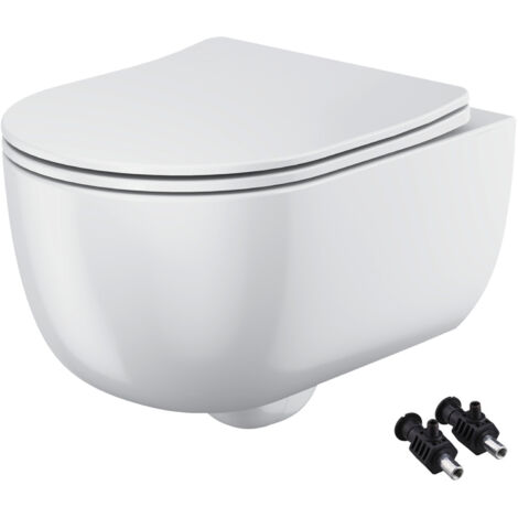 Gloss White Rimless Wall Hung Toilet Pan with Soft Close Seat - Hidden Fixations