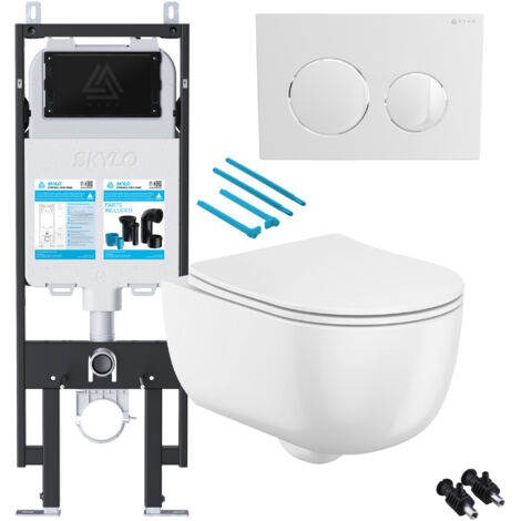 Gloss White Rimless Wall Hung Toilet with 1.14m Concealed Cistern Frame Set - White Plate