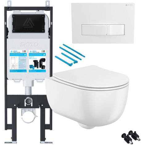 Gloss White Rimless Wall Hung Toilet with 1.14m Concealed Cistern Frame Set - White Plate