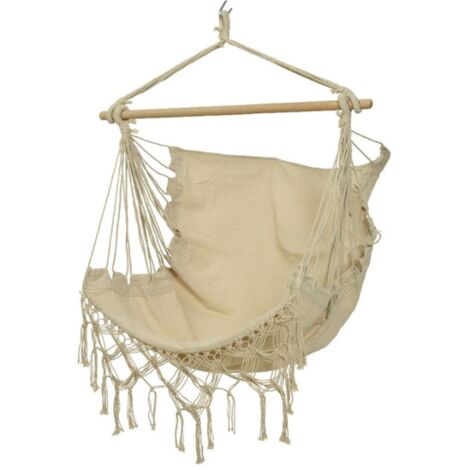 GLOUPIE Amaca Sospesa A 2 Posti Bibi In Crema E Intreccio In Corda Di Cotone Con Supporto In legno, L 130 x P 30 x H 100 Cm