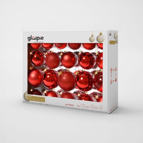 GLOUPIE Box 42 Palline Per Albero Di Natale In Vetro Resistente Rosso, 3 Misure Ø 7, 6, 5 cm, In Diverse Finiture Color Rosso