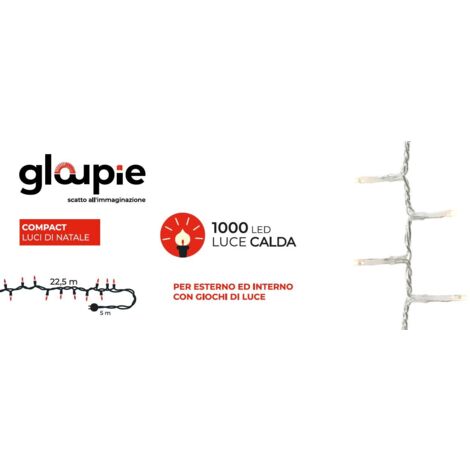GLOUPIE Luci DI Natale Compact da 27.5 MT Con 1000 led Bianco Caldo,Trasparente , Distanza Luci 2.2 Cm, Memoria e Timer