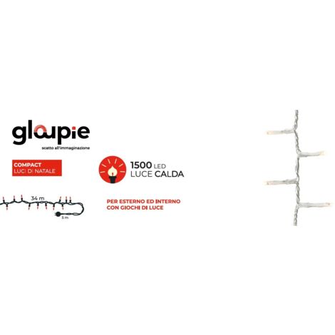 GLOUPIE Luci DI Natale Compact da 39 MT Con 1500 led Bianco Caldo, Trasparente , Distanza Luci 2.2 Cm, Funzione Memoria e Timer
