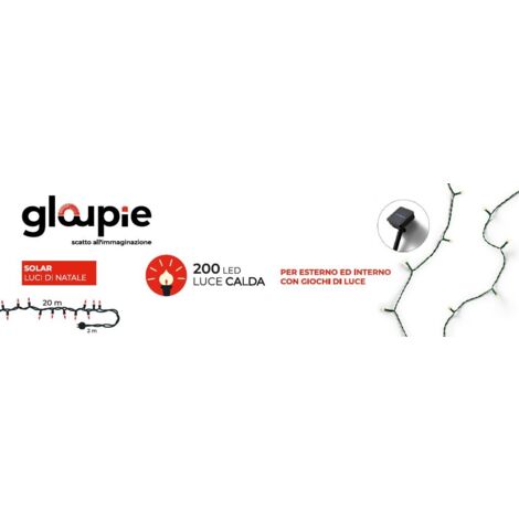 Gloupie Luci DI Natale Solar da 22 mt con 200 Led Bianco Caldo, Cavo Verde, Funzione Memoria e Timer