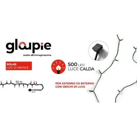Gloupie Luci Di Natale Solar da 52 mt con 500 Led Bianco Caldo, Cavo Verde, Funzione Memoria e Timer