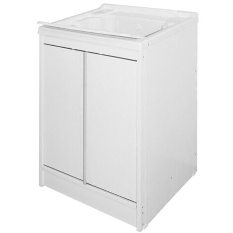 GLOUPIE Mobile Lavatoio In Resina E PVC Bianco Con 2 Ante, L 60 x P 50 x H 84 cm, Completo Di Asse Lavapanni E Kit Di Scarico