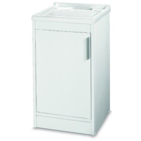 GLOUPIE Mobile Lavatoio Salvaspazio In PVC Bianco Con 1 Anta, L 45 x P 50 x H 86 cm, Completo Di Asse E Kit Di Scarico