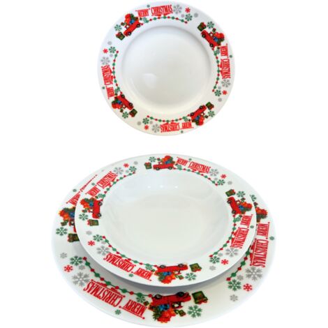 GLOUPIE Servizio Piatti In Porcellana Bianca Con Decoro Natalizio,Per 6 Persone,18 Pezzi,6 Piani,6 Fondi,6 Frutta