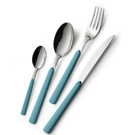 GLOUPIE Set 24 Posate Loft Celeste Per 6 Persone in Acciaio Inox e Manico In ABS Made In Italy Lavabili In Lavastoviglie