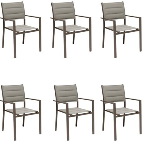 GLOUPIE Set 6 Poltrone Da Esterno Alamos In Alluminio Verniciato Marrone, Impilabile, L 57 x P 58 x H 86 Cm, Seduta In Textilene
