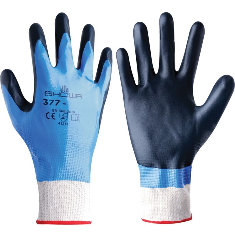 Nitrile Coated Grip Gloves, Black/Blue, Size 9 - Showa