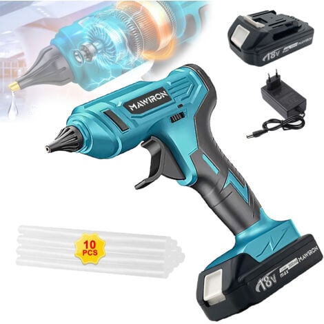 MAWIRON Glue Gun, 100W Cordless Electric Hot Melt Glue Gun with 10pcs 11mm Glue Sticks, 2pcs 3.0A Battery + Charger, Compatible with Makita Battery