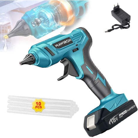 MAWIRON Glue Gun, 100W Cordless Electric Hot Melt Glue Gun with 10pcs 11mm Glue Sticks 3.0A Battery + Charger, Compatible with Makita Battery