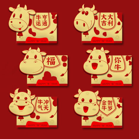[Glücksumschläge] [6er-Set] [Groß] Rotes Papier mit Goldverzierungen für chinesische Feste