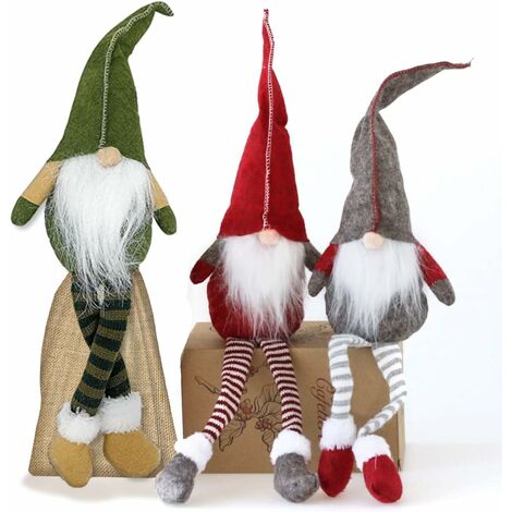 GNOME de Noel - Lot de 3 Nains de Noël - Ornements de Noël — tomte scandinave Fait Main pour décoration de Maison — Jolis Ornements de Père Noël - Matériaux de qualité supérieure - Vert, Rouge, Gris