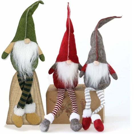 GNOME de Noel - Lot de 3 Nains de Noël - Ornements de Noël — tomte scandinave Fait Main pour décoration de Maison — Jolis Ornements de Père Noël - Matériaux de qualité supérieure - Vert, Rouge, Gris