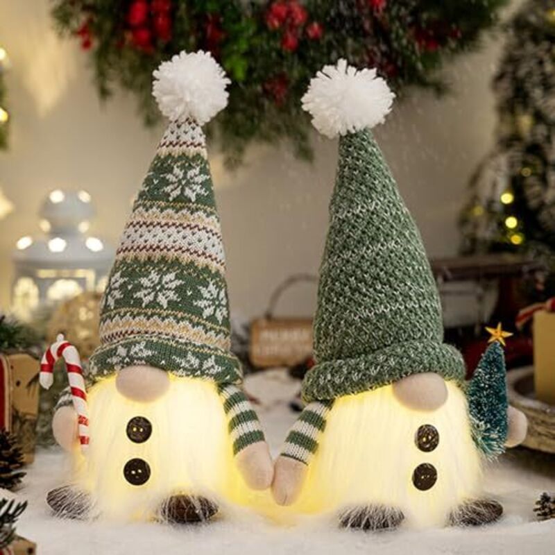 Gnomes lumineux de Noël, lot de 2, figurines de gnomes lumineux, gnomes de Noël à LED vertes, décorations de table d'intérieur (vertes)