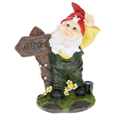 Gnomo da giardino con cartello di benvenuto
