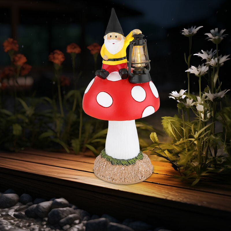 Image of Gnomo da giardino gnomo con lanterna luce solare batteria, IP44 resistente alle intemperie, aspetto agarico di mosca nero bianco giallo rosso, 1x led