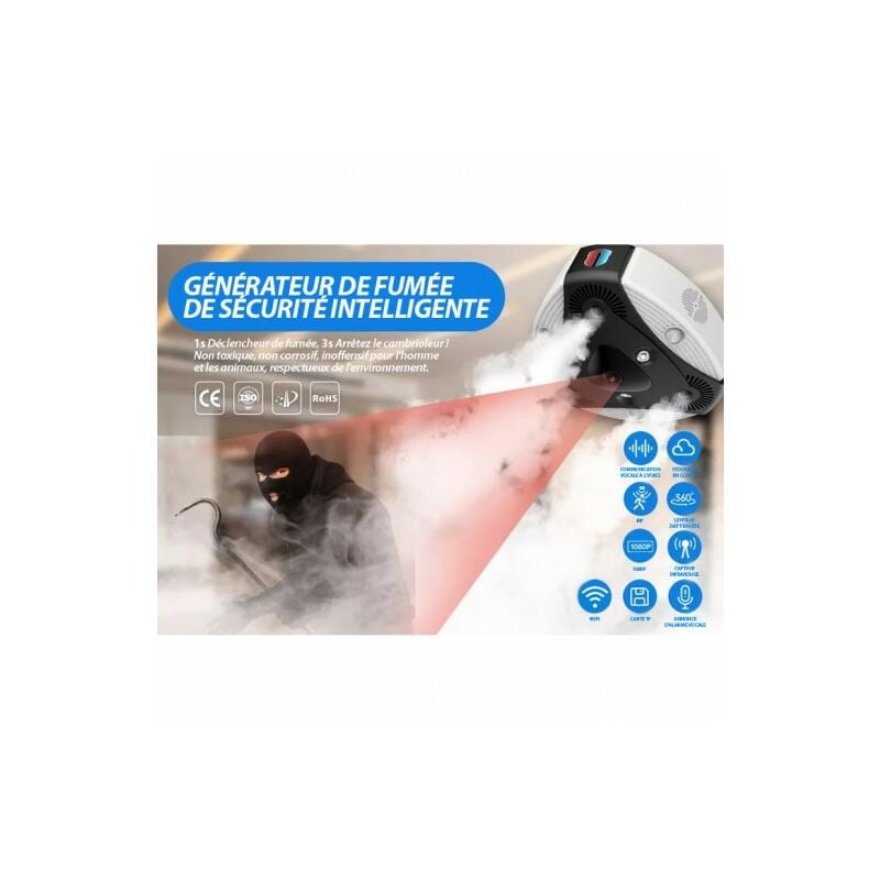 Générateur de Brouillard Sécurité Antivol Sans fil Wifi Caméra Surveillance JT-043S 360° HD 1080P Détection de mouvement PIR Blanc