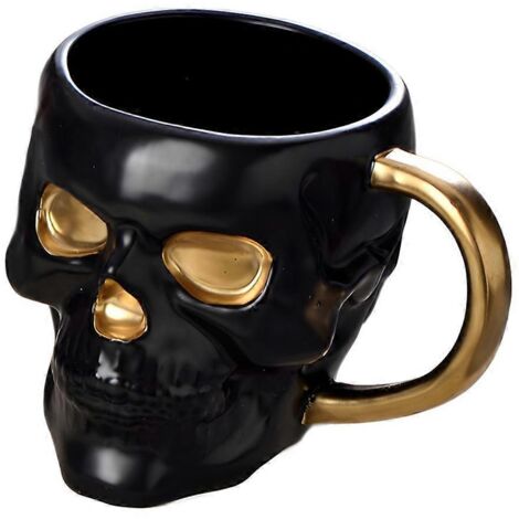 Gobelet en céramique sans couvercle avec anse et tête de mort d'Halloween. Modèle amusant présenté.