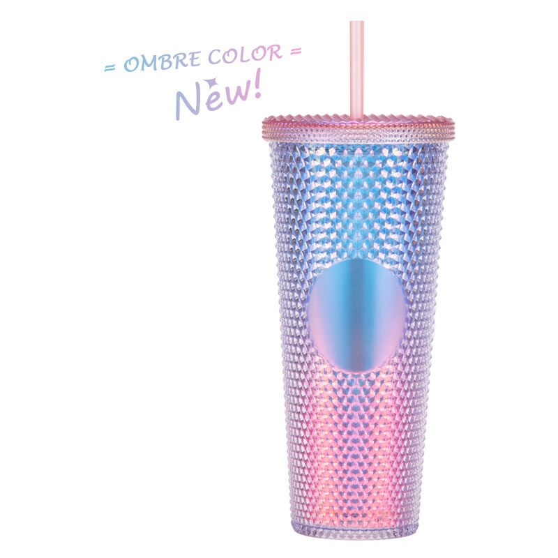 Fei Yu - Gobelet en plastique de 710 ml avec couvercle et paille, tasse à café glacé réutilisable, tasse à smoothie, tasse laser transparente