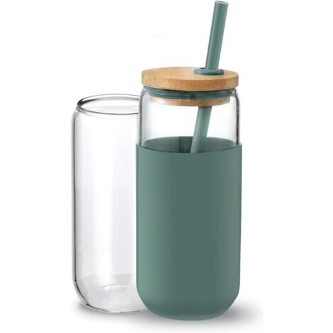 Gobelet isotherme en verre de 590 ml avec manchon de protection en silicone, paille et couvercle en bambou (1 unité) (Bleu Cambridge)