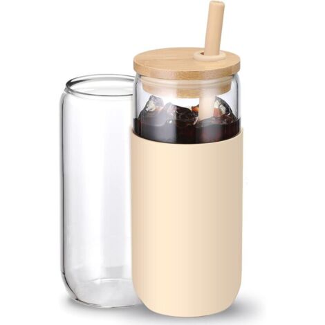 Gobelet isotherme en verre de 590 ml avec manchon de protection en silicone, paille et couvercle en bambou, idéal pour le café glacé (1 unité) (Ambre)