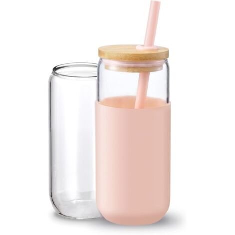 Gobelet isotherme en verre de 590 ml avec manchon de protection en silicone, paille et couvercle en bambou, idéal pour le café glacé (1 unité) (rose)