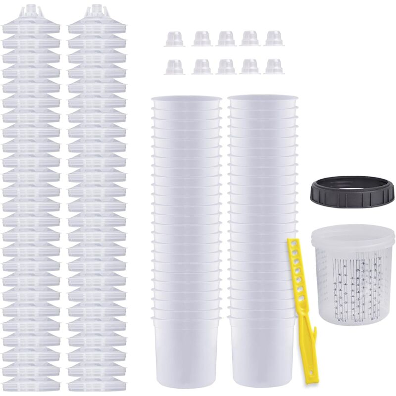 Gobelet jetable pour Pistolet à Peinture HVLP, kit pour Pistolet à Peinture Automobile avec 30 gobelets, 30 couvercles, 1 gobelet Dur avec Bague de